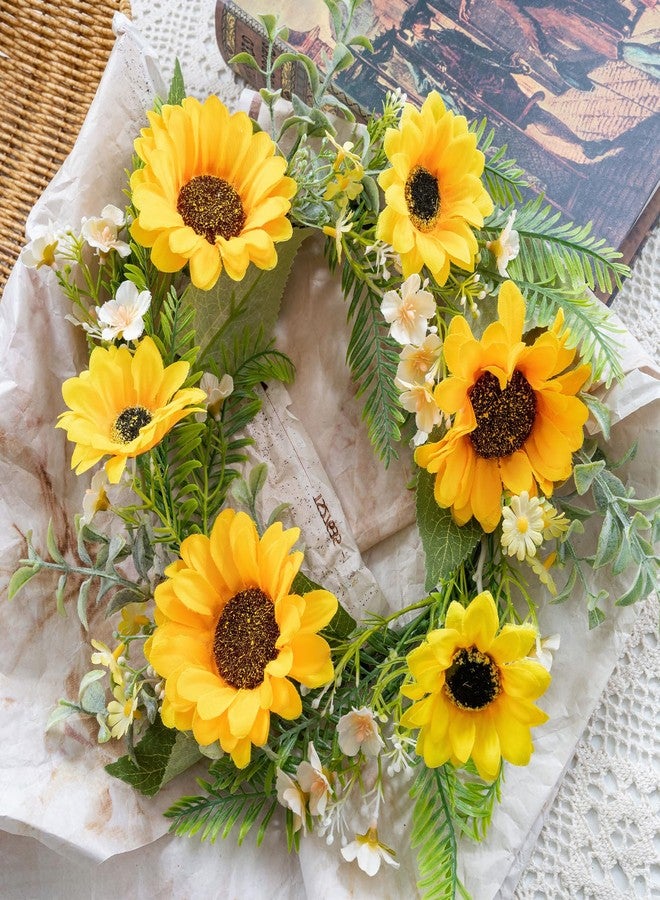 KHOYIME Sunflower Wreaths for Front Door, 13 Inch Artificial Daisy Wreath Outside All Season Decorative Yellow Floral Greenery Wreath Farmhouse Indoor Outdoor Home Porch Wall Window Hanging Decor - Image 2